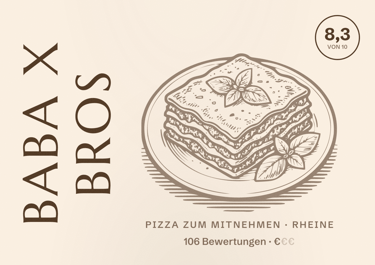 Illustriertes Poster von Baba x Bros, Pizza zum Mitnehmen in Rheine: Bewertung 8,3 von 10 aus 106 Bewertungen, Preisniveau €