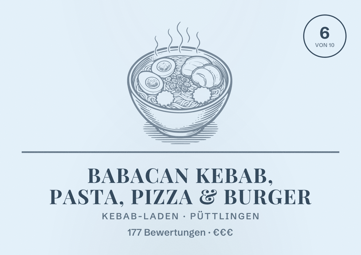 Illustriertes Poster von Babacan Kebab, Pasta, Pizza & Burger, Kebab-Laden in Püttlingen: Bewertung 6 von 10 aus 177 Bewertungen, Preisniveau €€€