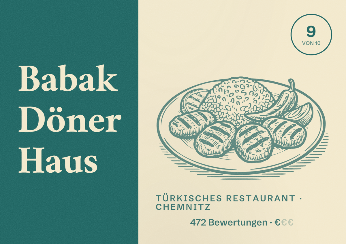 Illustriertes Poster von Babak Döner Haus, Türkisches Restaurant in Chemnitz: Bewertung 9,0 von 10 aus 472 Bewertungen, Preisniveau €