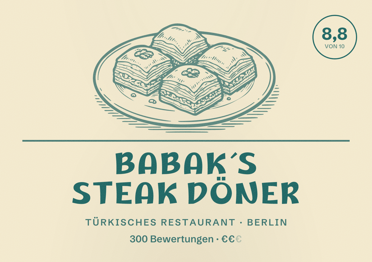 Illustriertes Poster von Babak´s Steak Döner, Türkisches Restaurant in Berlin: Bewertung 8,8 von 10 aus 300 Bewertungen, Preisniveau €€