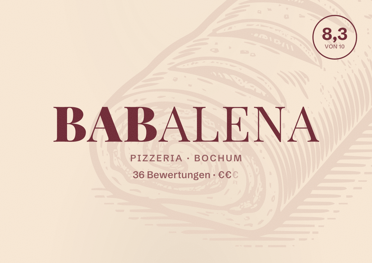 Illustriertes Poster von Babalena, Pizzeria in Bochum: Gästebewertung 8,3 von 10 aus 36 Bewertungen