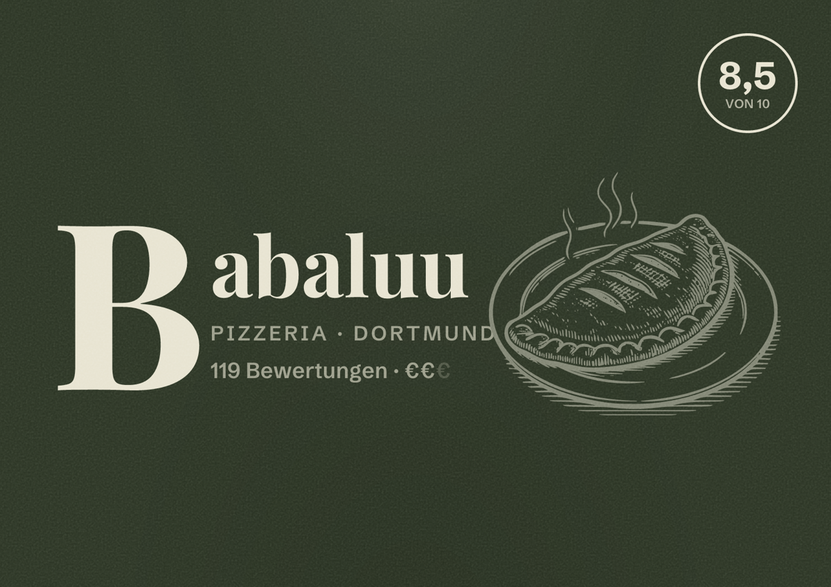 Illustriertes Poster von Babaluu, Pizzeria in Dortmund: Bewertung 8,5 von 10 aus 119 Bewertungen, Preisniveau €€