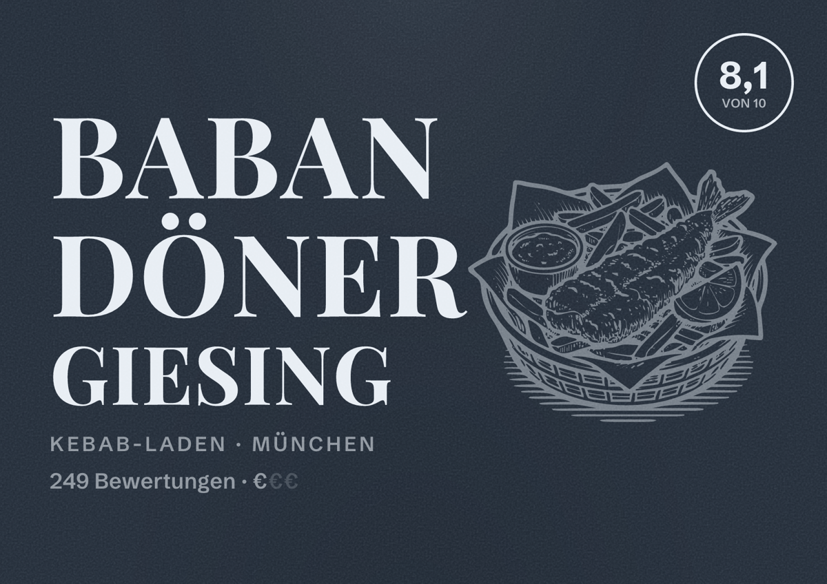 Illustriertes Poster von Baban Döner Giesing, Kebab-Laden in München: Bewertung 8,1 von 10 aus 249 Bewertungen, Preisniveau €