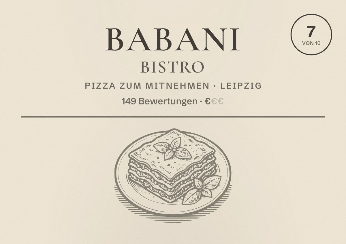 Illustriertes Poster von Babani Bistro, Pizza zum Mitnehmen in Leipzig: Bewertung 7,0 von 10 aus 149 Bewertungen, Preisniveau €