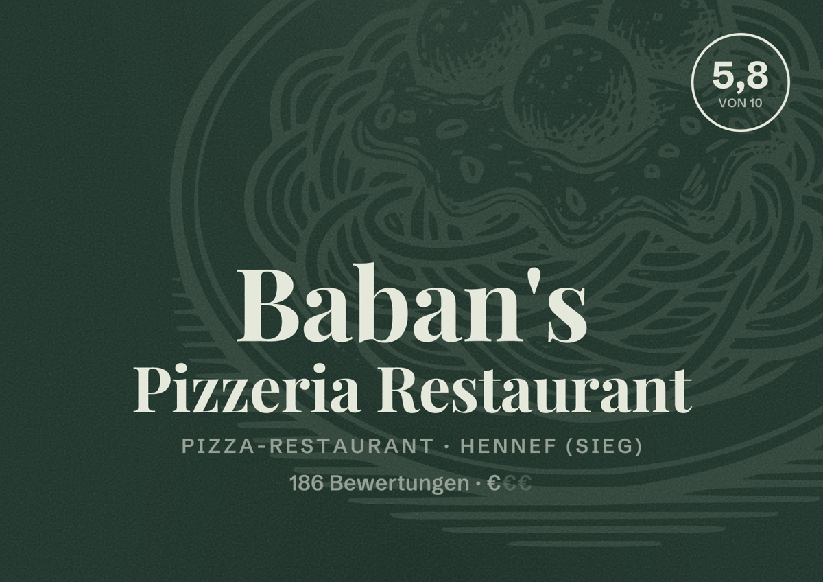 Illustriertes Poster von Baban's Pizzeria Restaurant, Pizza-Restaurant in Hennef (Sieg): Bewertung 5,8 von 10 aus 186 Bewertungen, Preisniveau €