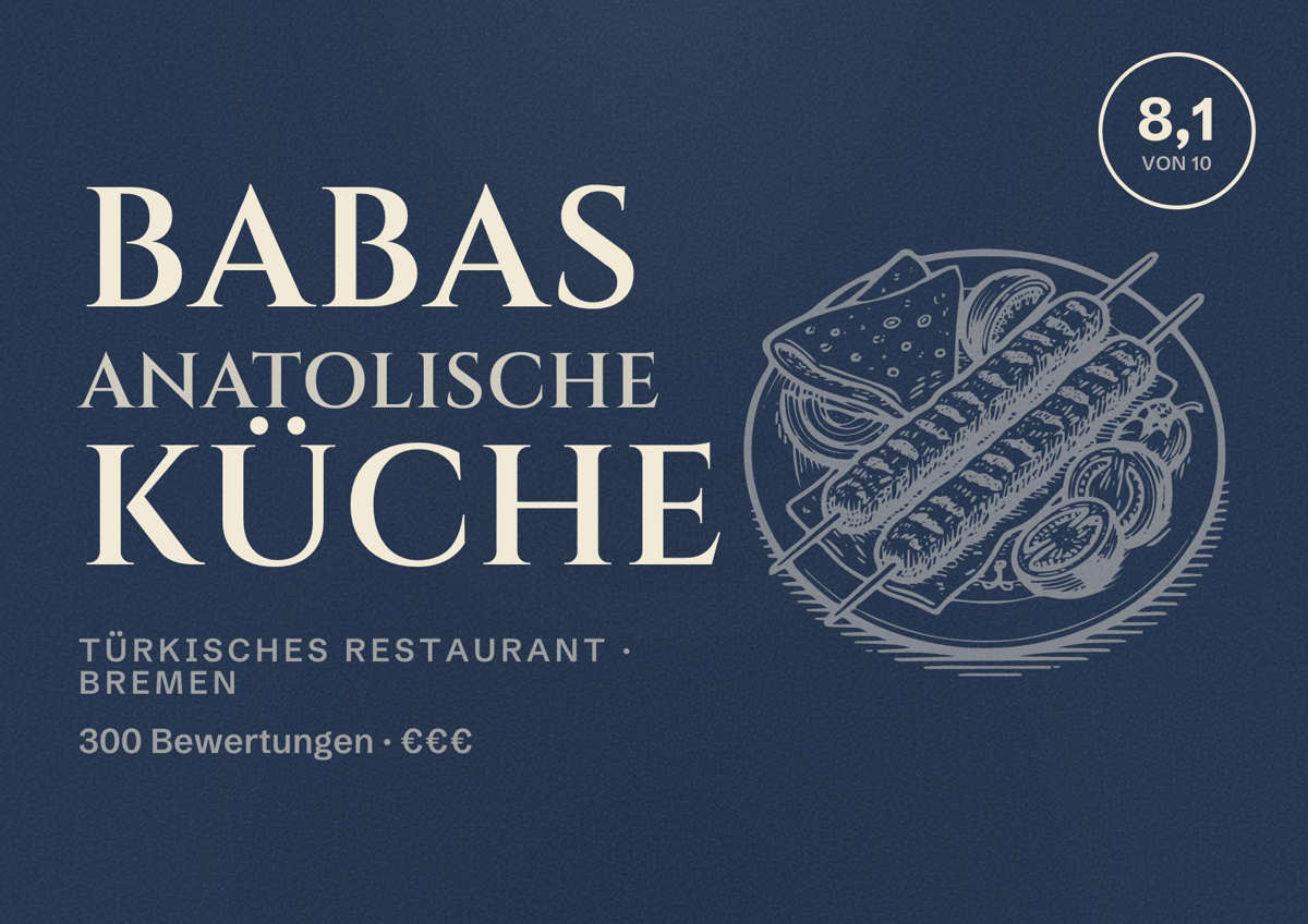 Illustriertes Poster von Babas Anatolische Küche, Türkisches Restaurant in Bremen: Bewertung 8,1 von 10 aus 300 Bewertungen, Preisniveau €€€