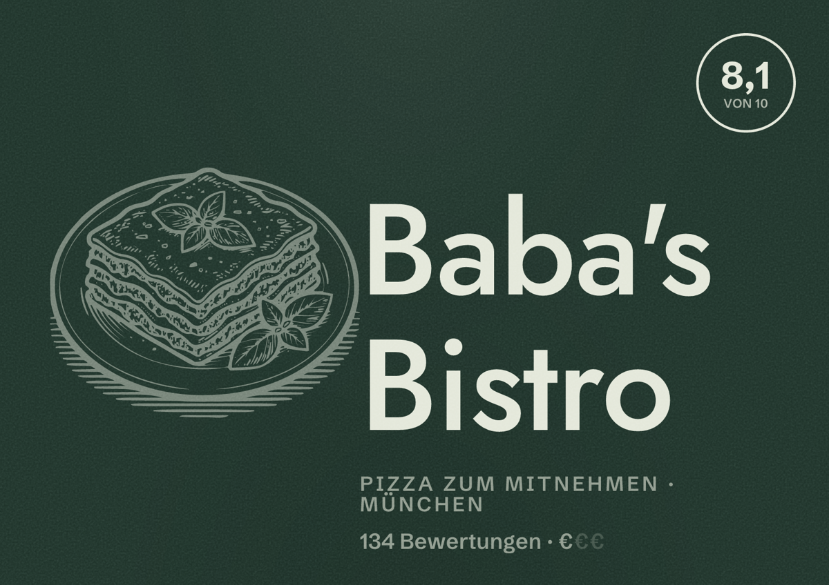 Illustriertes Poster von Baba's Bistro, Pizza zum Mitnehmen in München: Bewertung 8,1 von 10 aus 134 Bewertungen, Preisniveau €
