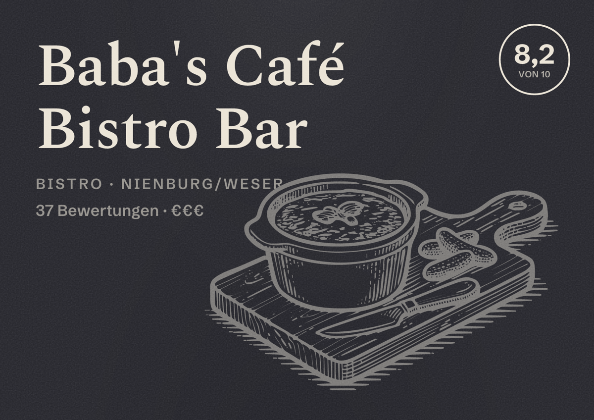Illustriertes Poster von Baba's Café Bistro Bar, Bistro in Nienburg/Weser: Bewertung 8,2 von 10 aus 37 Bewertungen, Preisniveau €€€