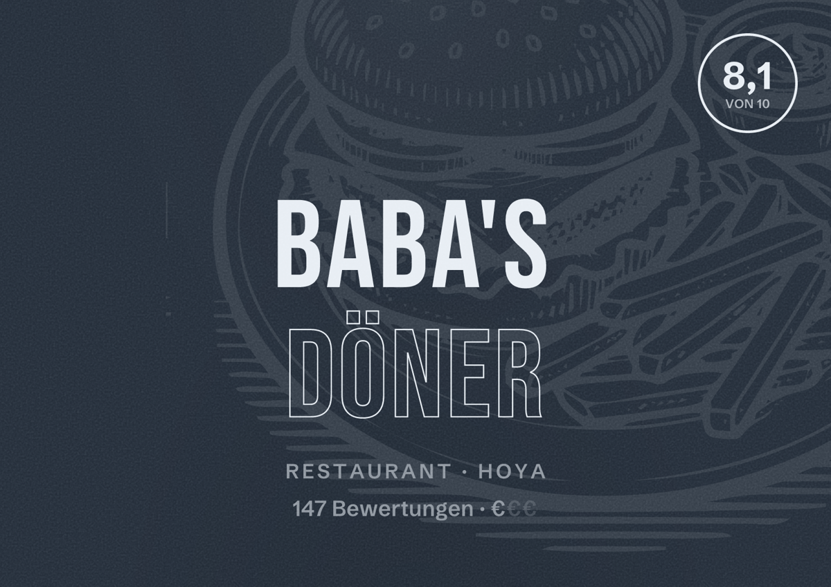 Illustriertes Poster von Baba's Döner, Restaurant in Hoya: Bewertung 8,1 von 10 aus 147 Bewertungen, Preisniveau €