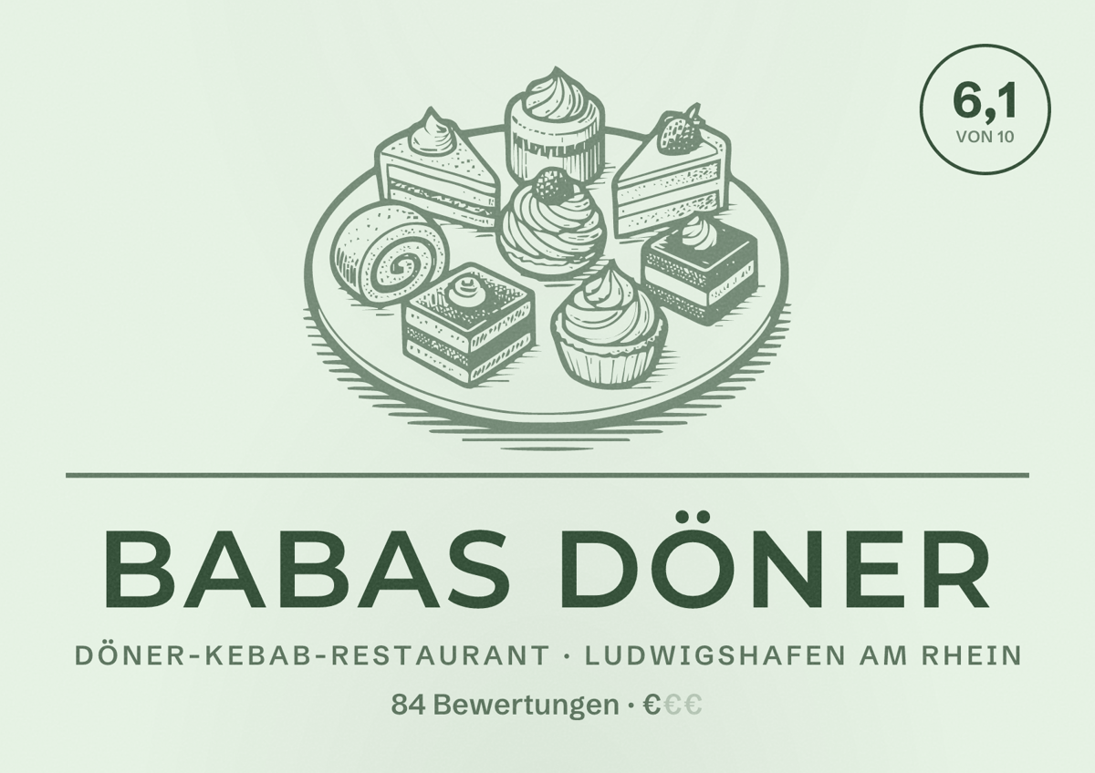 Illustriertes Poster von Babas Döner, Döner-Kebab-Restaurant in Ludwigshafen am Rhein: Bewertung 6,1 von 10 aus 84 Bewertungen, Preisniveau €