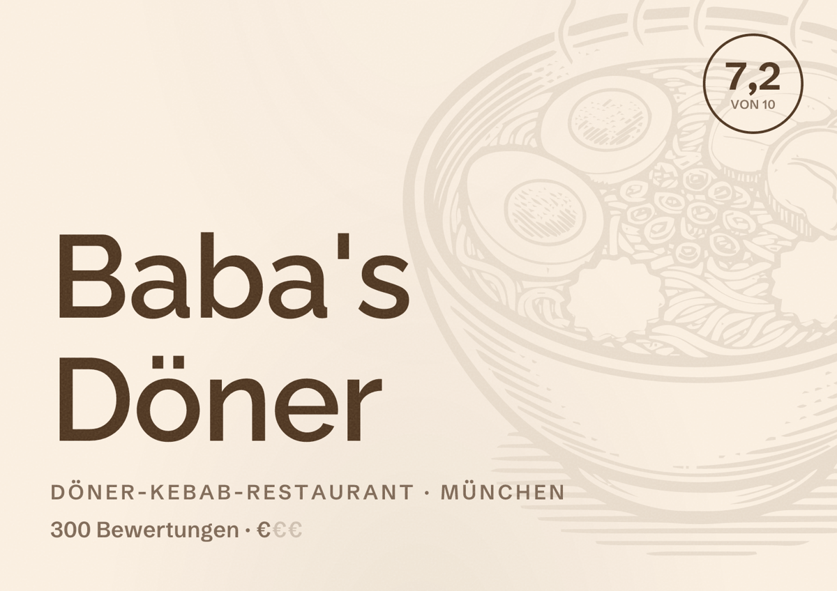 Illustriertes Poster von Baba's Döner, Döner-Kebab-Restaurant in München: Bewertung 7,2 von 10 aus 300 Bewertungen, Preisniveau €