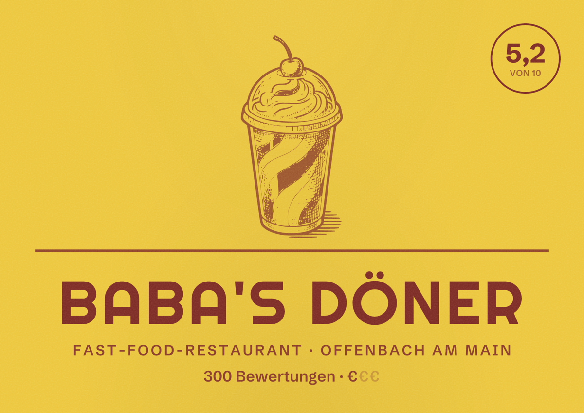 Illustriertes Poster von Baba's Döner, Fast-Food-Restaurant in Offenbach am Main: Bewertung 5,2 von 10 aus 300 Bewertungen, Preisniveau €