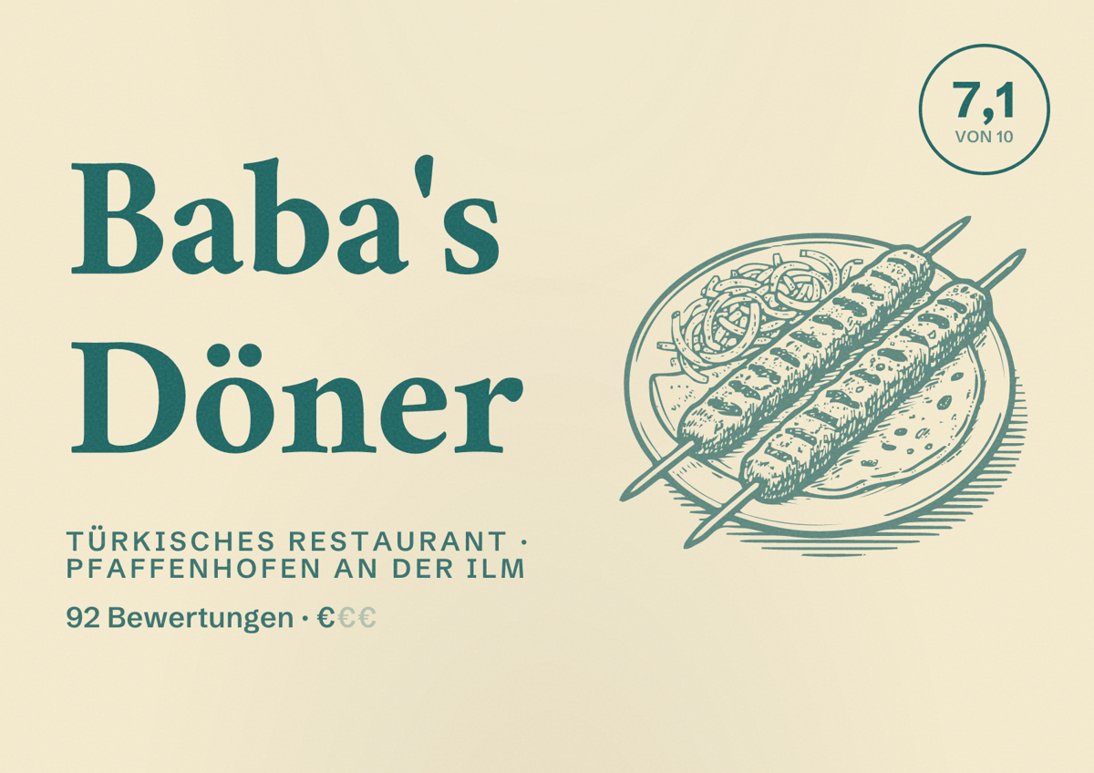 Illustriertes Poster von Baba's Döner, Türkisches Restaurant in Pfaffenhofen an der Ilm: Bewertung 7,1 von 10 aus 92 Bewertungen, Preisniveau €