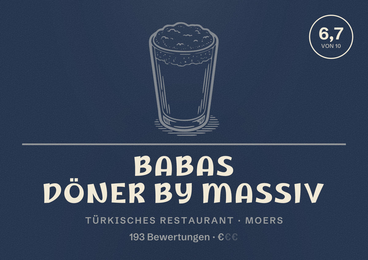 Illustriertes Poster von BABAS DÖNER BY MASSIV, Türkisches Restaurant in Moers: Bewertung 6,7 von 10 aus 193 Bewertungen, Preisniveau €