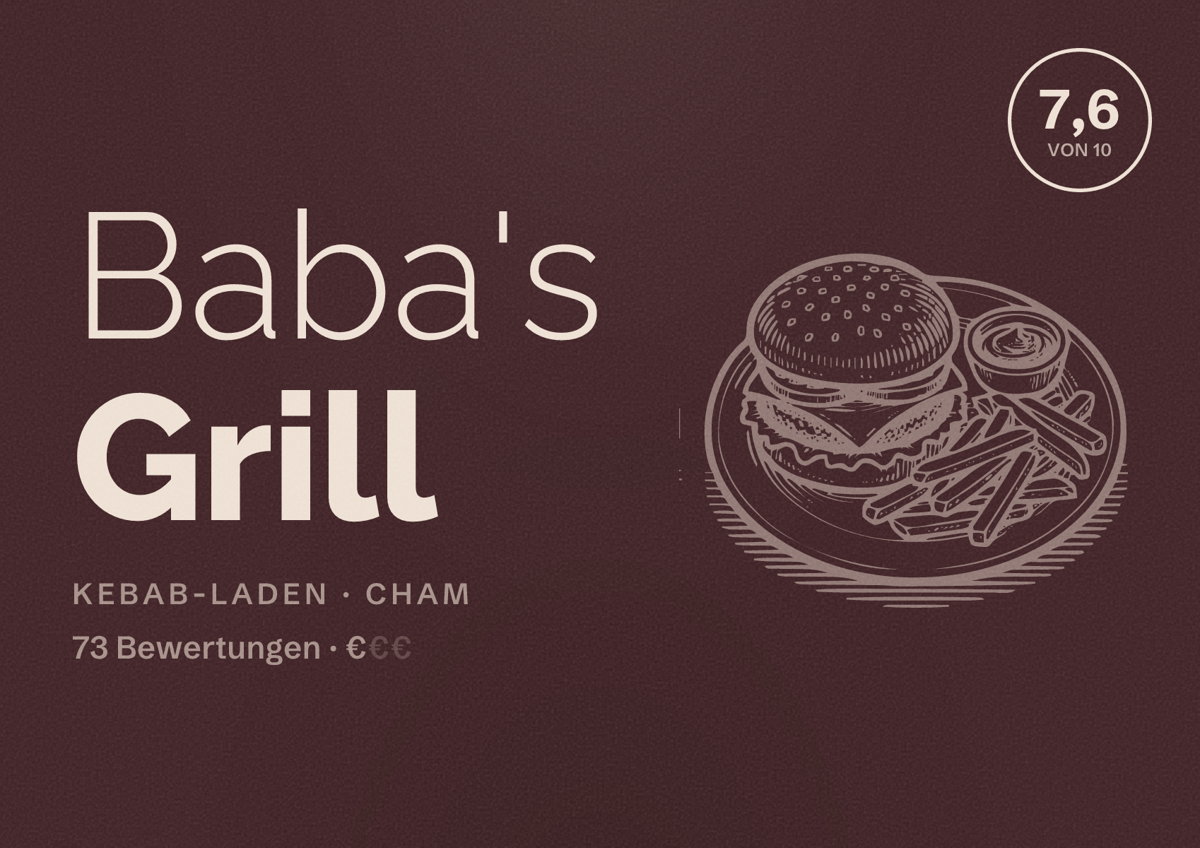 Illustriertes Poster von Baba's Grill, Kebab-Laden in Cham: Bewertung 7,6 von 10 aus 73 Bewertungen, Preisniveau €