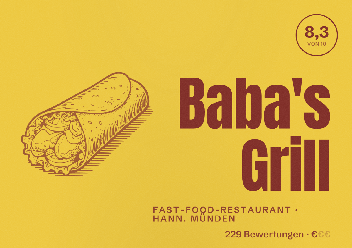 Illustriertes Poster von Baba's Grill, Fast-Food-Restaurant in Hann. Münden: Bewertung 8,3 von 10 aus 229 Bewertungen, Preisniveau €