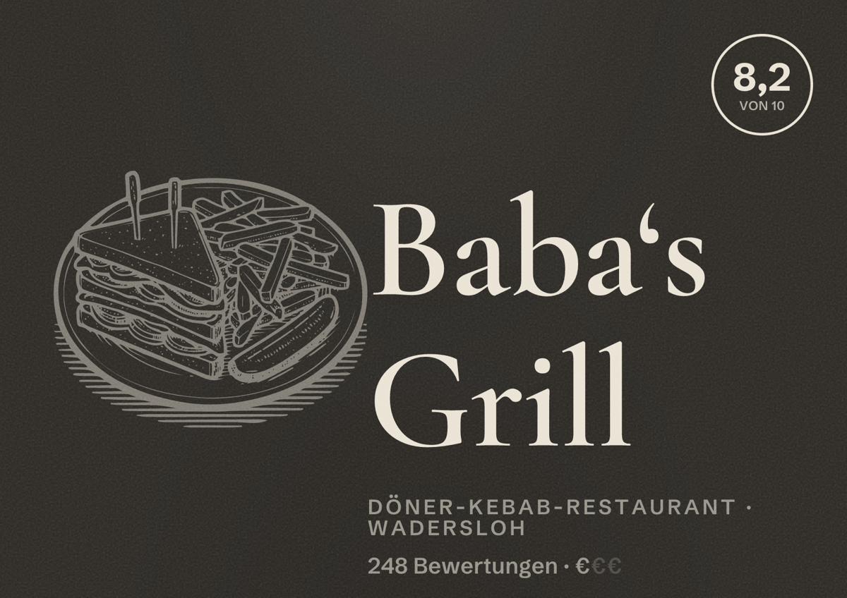Illustriertes Poster von Baba‘s Grill, Döner-Kebab-Restaurant in Wadersloh: Bewertung 8,2 von 10 aus 248 Bewertungen, Preisniveau €