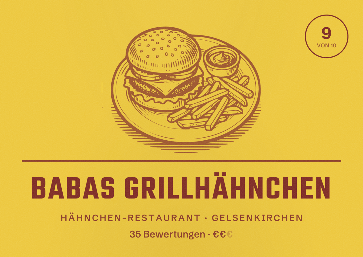 Illustriertes Poster von Babas Grillhähnchen, Hähnchen-Restaurant in Gelsenkirchen: Bewertung 9 von 10 aus 35 Bewertungen, Preisniveau €€