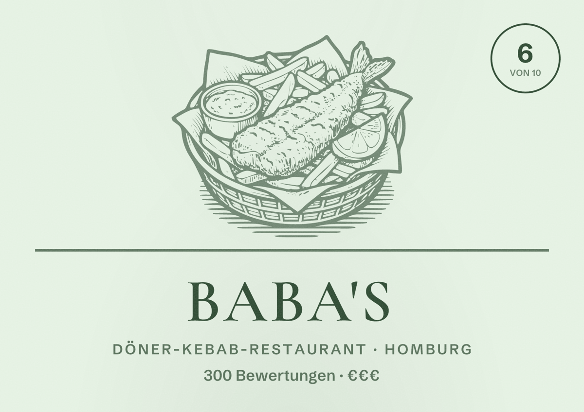 Illustriertes Poster von BABA'S, Döner-Kebab-Restaurant in Homburg: Bewertung 6 von 10 aus 300 Bewertungen, Preisniveau €€€