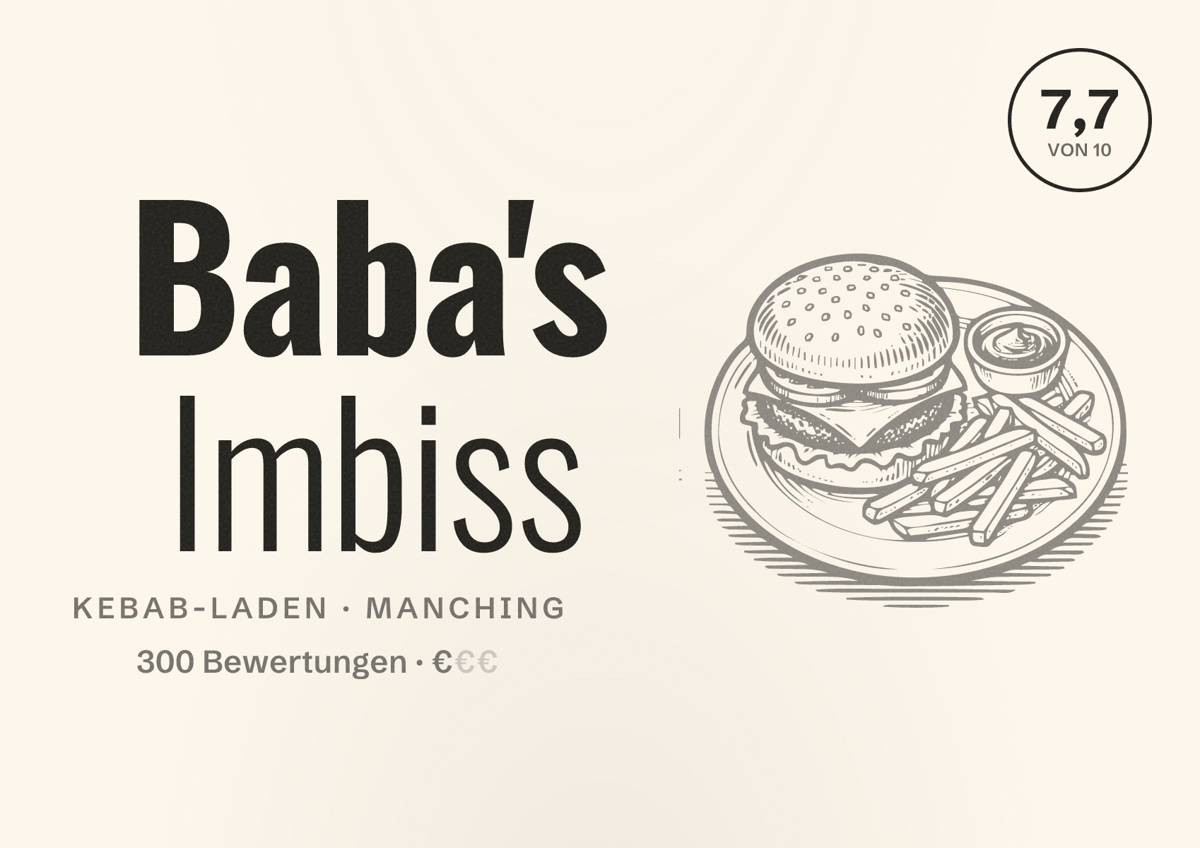 Illustriertes Poster von Baba's Imbiss, Kebab-Laden in Manching: Bewertung 7,7 von 10 aus 300 Bewertungen, Preisniveau €