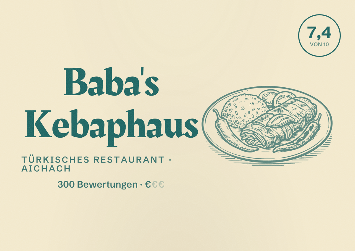 Illustriertes Poster von Baba's Kebaphaus, Türkisches Restaurant in Aichach: Bewertung 7,4 von 10 aus 300 Bewertungen, Preisniveau €