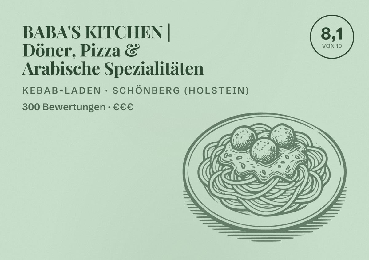 Illustriertes Poster von BABA'S KITCHEN | Döner, Pizza & Arabische Spezialitäten, Kebab-Laden in Schönberg (Holstein): Bewertung 8,1 von 10 aus 300 Bewertungen, Preisniveau €€€