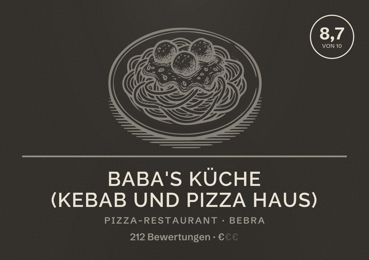 Illustriertes Poster von BABA'S Küche (kebab und pizza haus), Pizza-Restaurant in Bebra: Bewertung 8,7 von 10 aus 212 Bewertungen, Preisniveau €