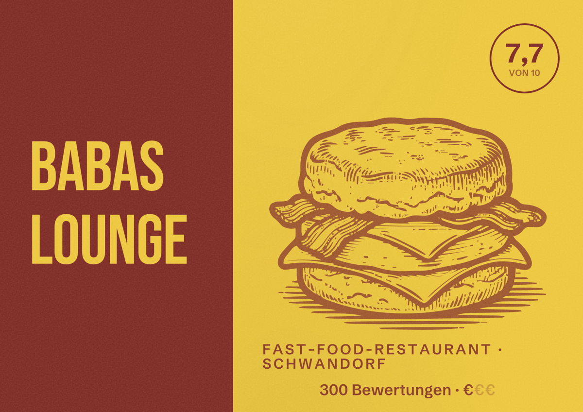 Illustriertes Poster von Babas Lounge, Fast-Food-Restaurant in Schwandorf: Bewertung 7,7 von 10 aus 300 Bewertungen, Preisniveau €