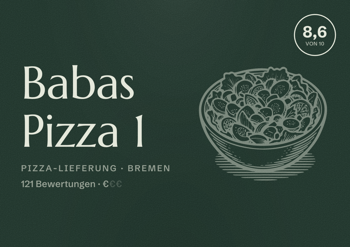 Illustriertes Poster von Babas Pizza 1, Pizza-Lieferung in Bremen: Bewertung 8,6 von 10 aus 121 Bewertungen, Preisniveau €