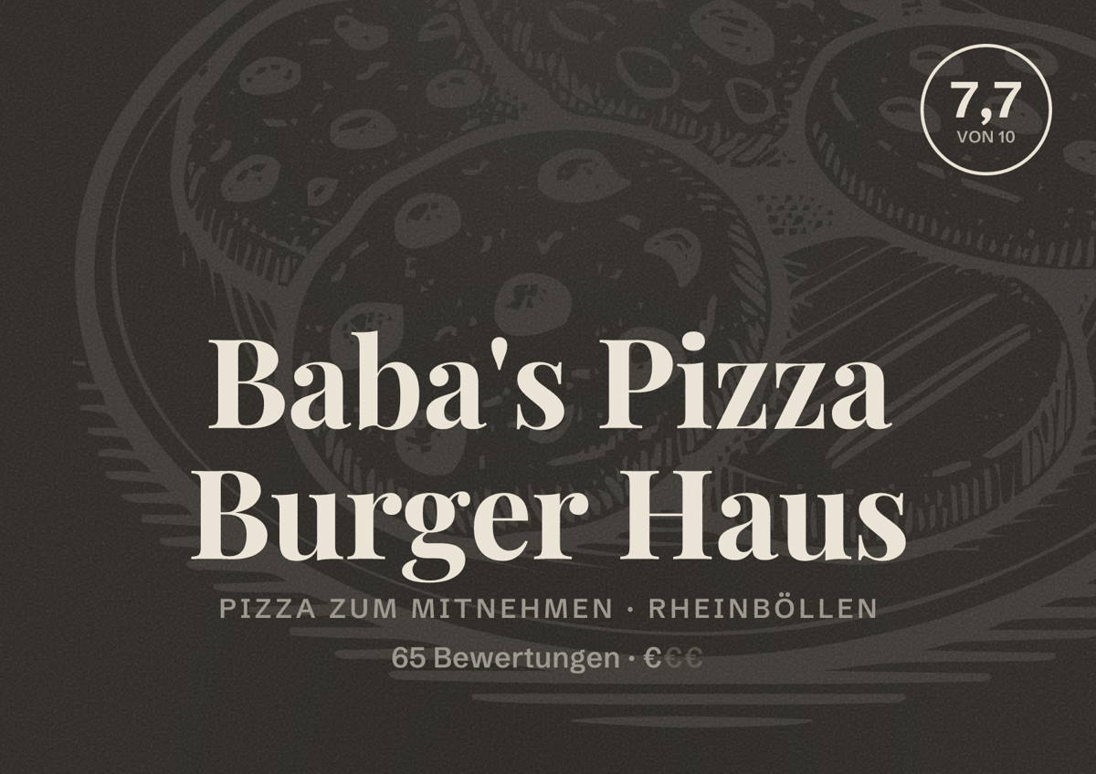 Illustriertes Poster von Baba's Pizza Burger Haus, Pizza zum Mitnehmen in Rheinböllen: Bewertung 7,7 von 10 aus 65 Bewertungen, Preisniveau €
