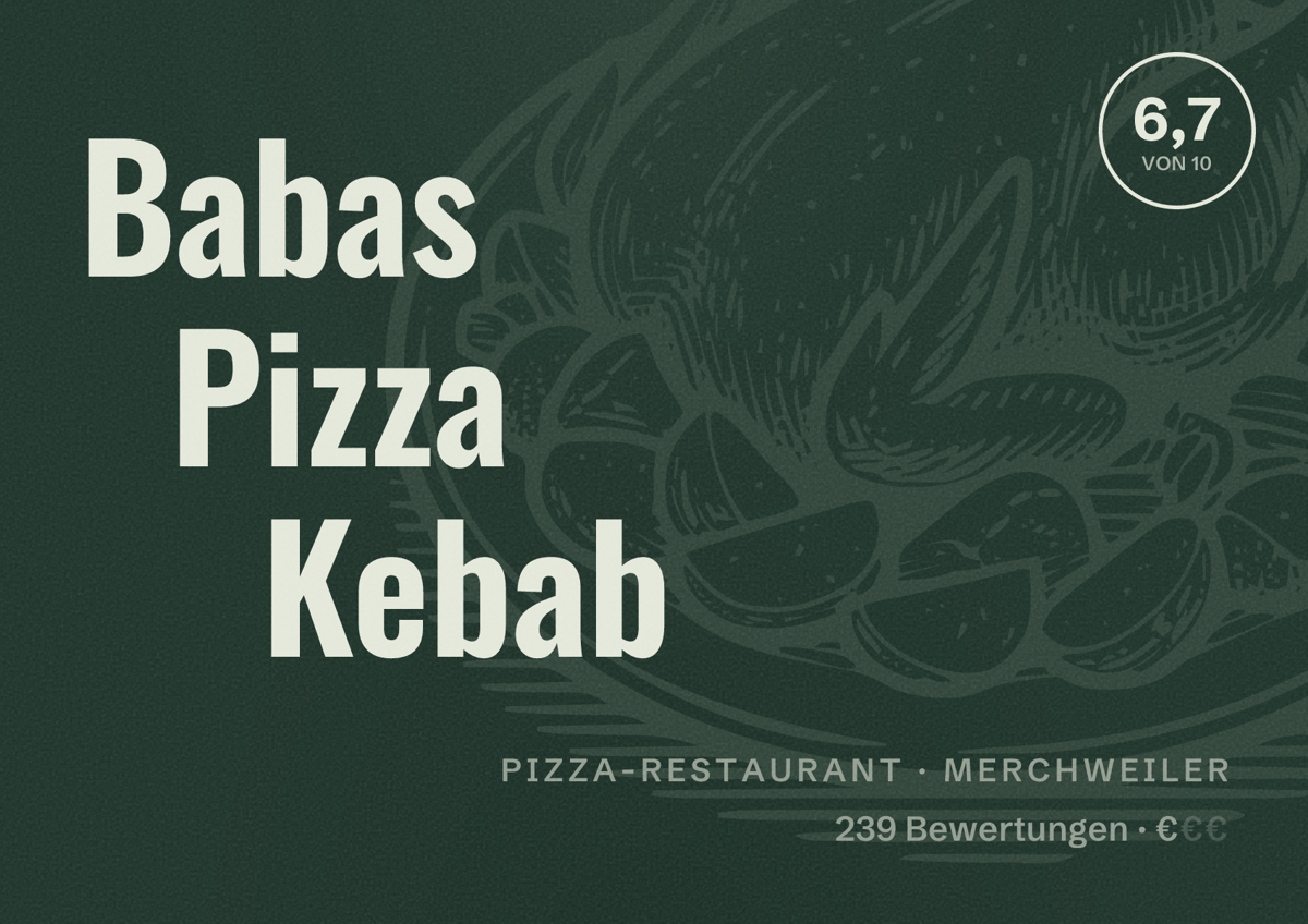 Illustriertes Poster von Babas Pizza Kebab, Pizza-Restaurant in Merchweiler: Bewertung 6,7 von 10 aus 239 Bewertungen, Preisniveau €