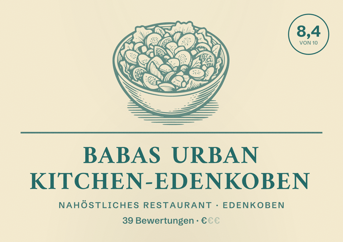 Illustriertes Poster von BABAS URBAN KITCHEN-EDENKOBEN, Nahöstliches Restaurant in Edenkoben: Bewertung 8,4 von 10 aus 39 Bewertungen, Preisniveau €