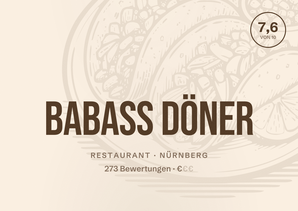 Illustriertes Poster von Babass Döner, Restaurant in Nürnberg: Bewertung 7,6 von 10 aus 273 Bewertungen, Preisniveau €