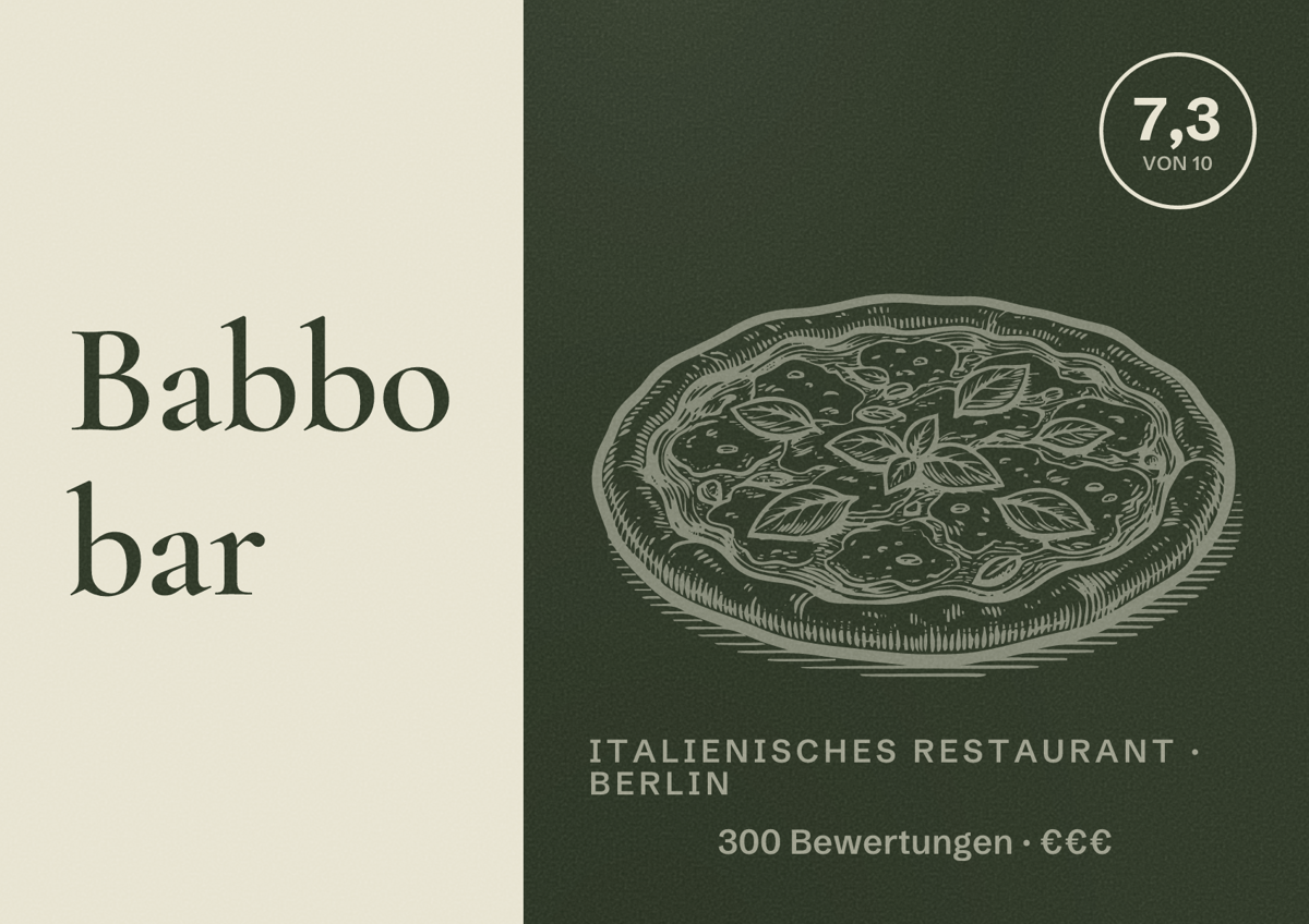 Illustriertes Poster von Babbo bar, Italienisches Restaurant in Berlin: Bewertung 7,3 von 10 aus 300 Bewertungen, Preisniveau €€€