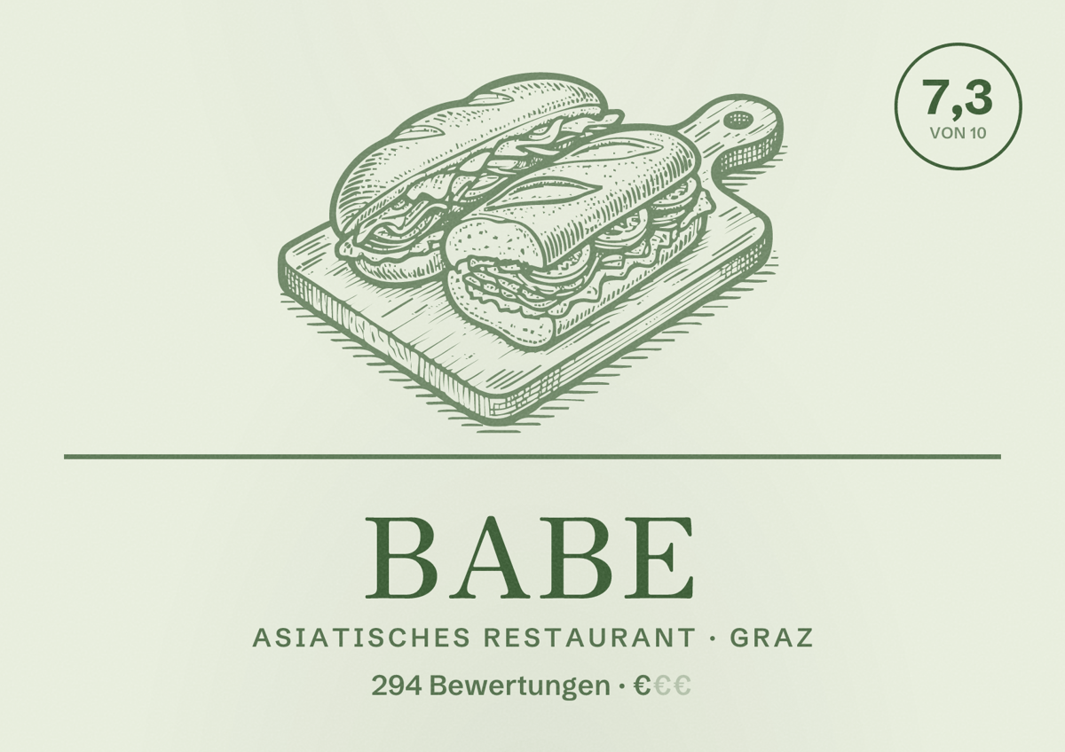 Illustriertes Poster von BABE, Asiatisches Restaurant in Graz: Bewertung 7,3 von 10 aus 294 Bewertungen, Preisniveau €