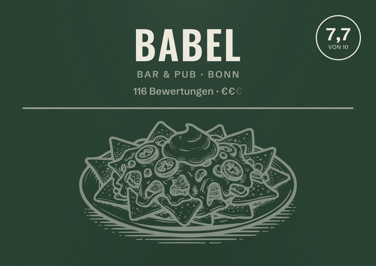Illustriertes Poster von Babel, Bar & Pub in Bonn: Bewertung 7,7 von 10 aus 116 Bewertungen, Preisniveau €€