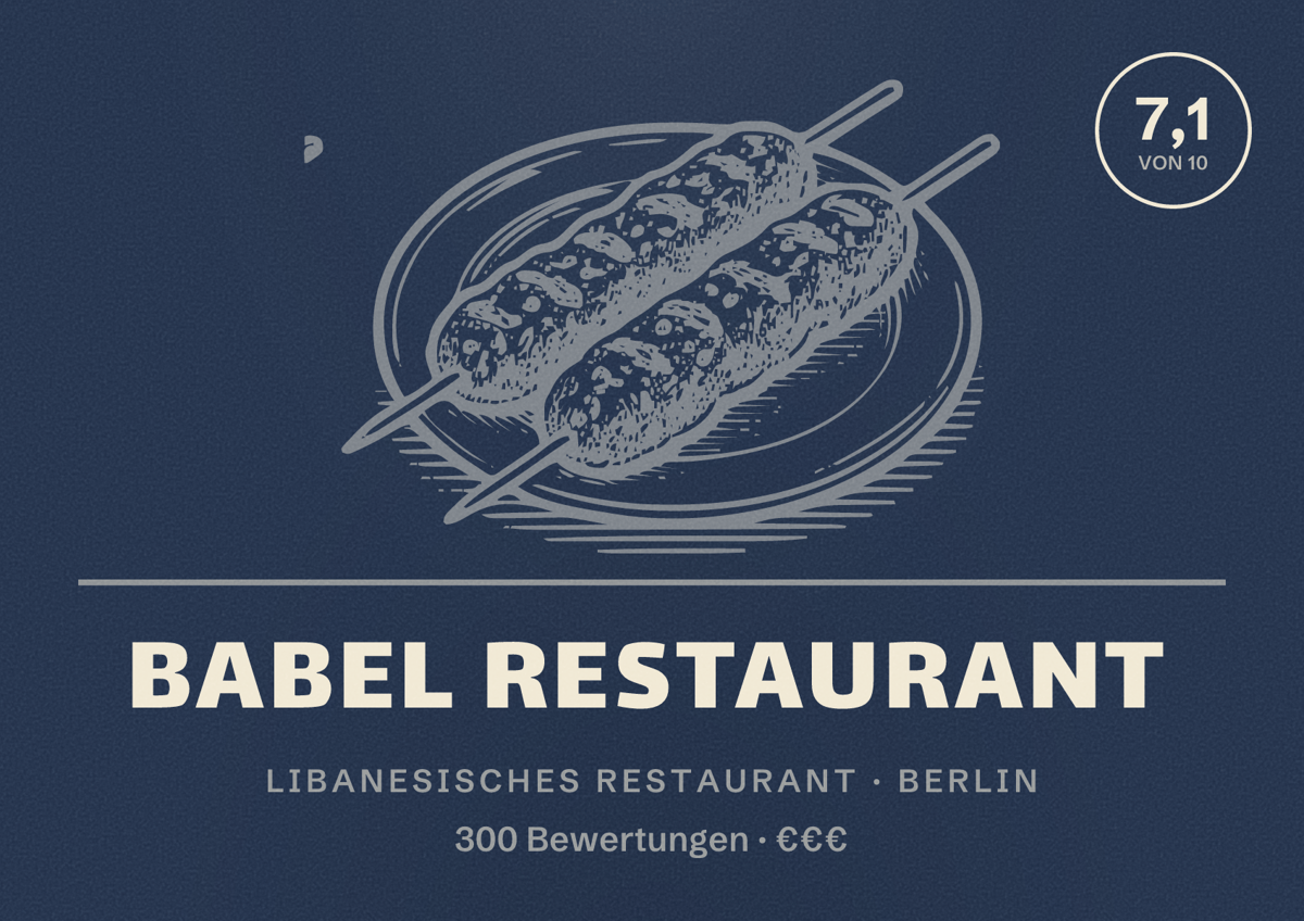 Illustriertes Poster von Babel Restaurant, Libanesisches Restaurant in Berlin: Bewertung 7,1 von 10 aus 300 Bewertungen, Preisniveau €€€