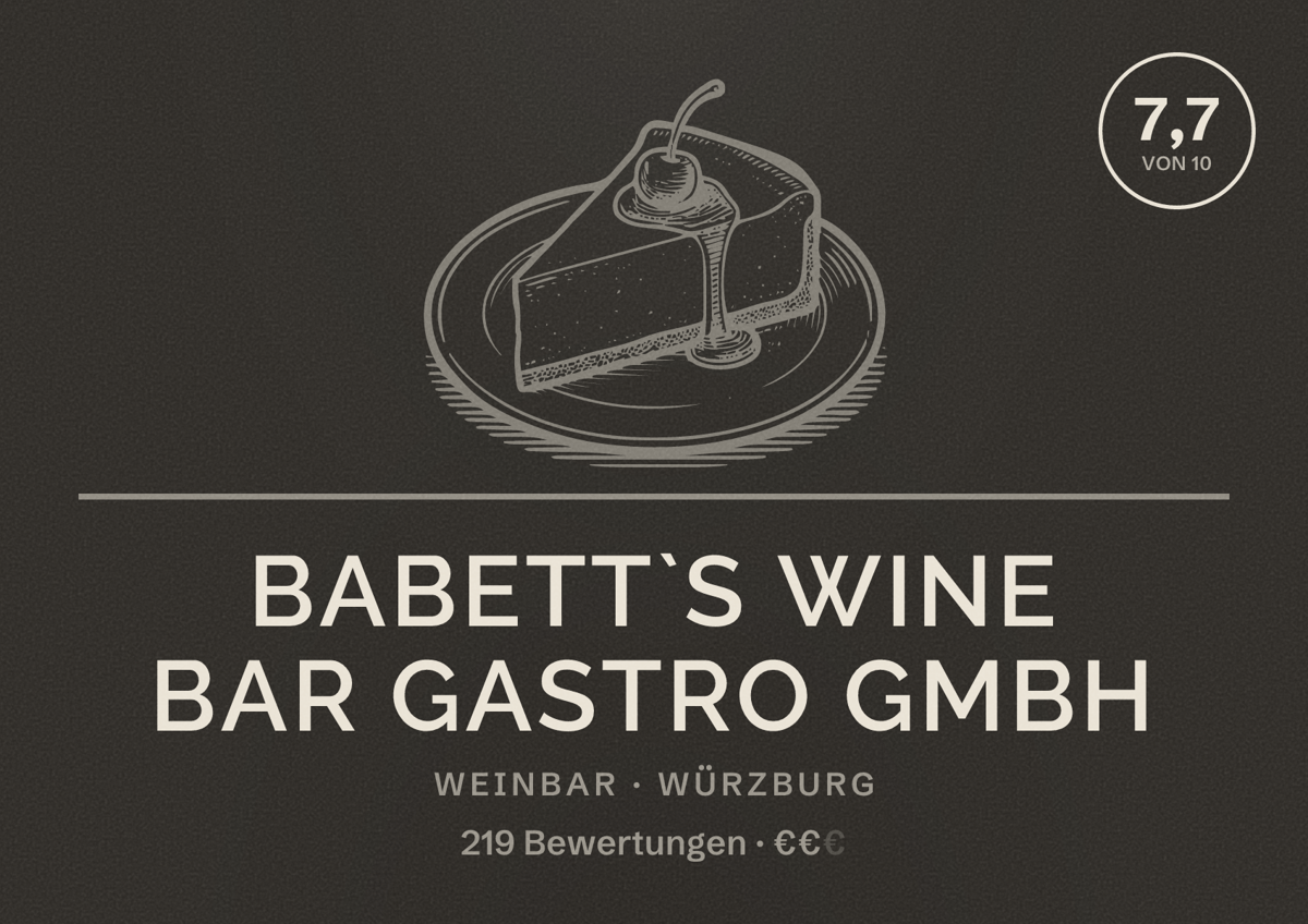 Illustriertes Poster von Babett`s wine bar Gastro GmbH, Weinbar in Würzburg: Bewertung 7,7 von 10 aus 219 Bewertungen, Preisniveau €€