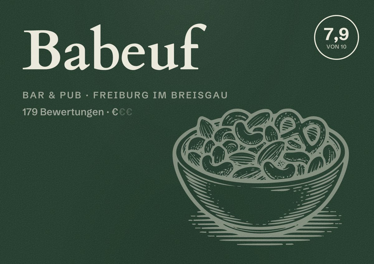 Illustriertes Poster von Babeuf, Bar & Pub in Freiburg im Breisgau: Bewertung 7,9 von 10 aus 179 Bewertungen, Preisniveau €