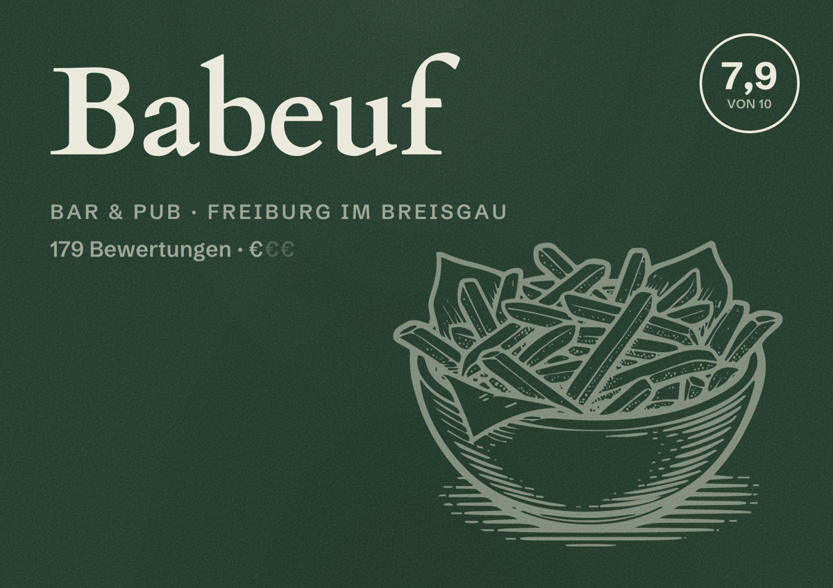 Illustriertes Poster von Babeuf, Bar & Pub in Freiburg im Breisgau: Bewertung 7,9 von 10 aus 179 Bewertungen, Preisniveau €