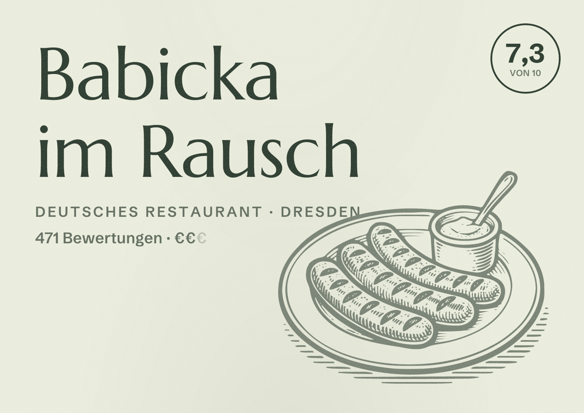 Illustriertes Poster von Babicka im Rausch, Deutsches Restaurant in Dresden: Bewertung 7,3 von 10 aus 471 Bewertungen, Preisniveau €€