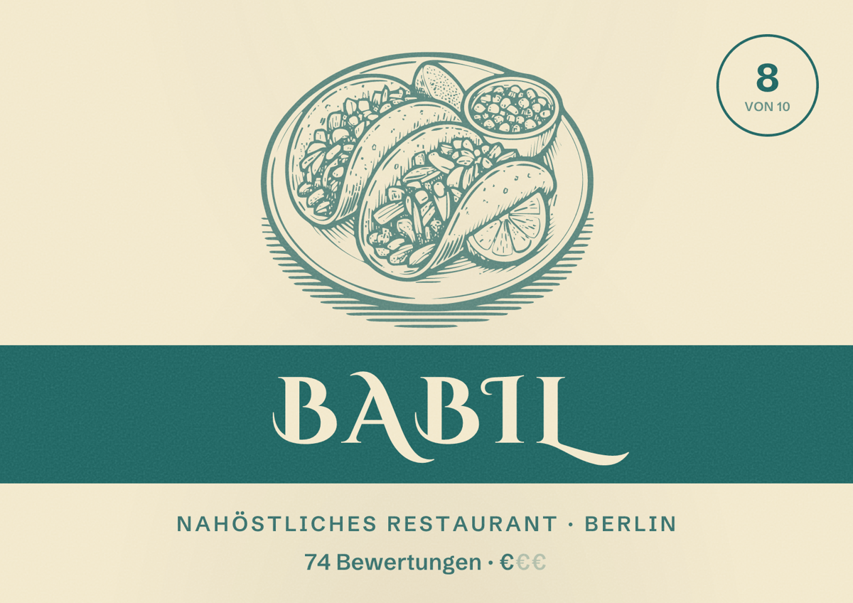 Illustriertes Poster von Babil, Nahöstliches Restaurant in Berlin: Bewertung 8,0 von 10 aus 74 Bewertungen, Preisniveau €