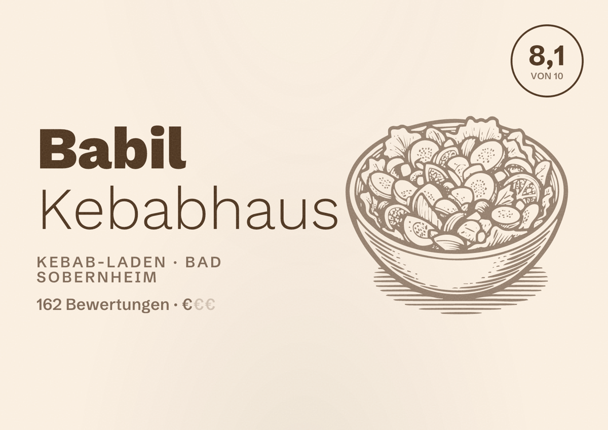 Illustriertes Poster von Babil Kebabhaus, Kebab-Laden in Bad Sobernheim: Bewertung 8,1 von 10 aus 162 Bewertungen, Preisniveau €