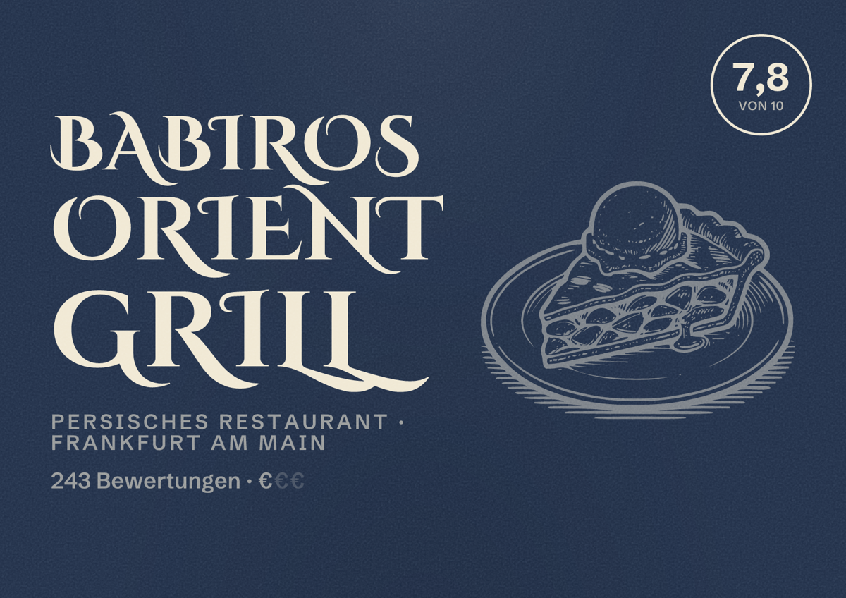 Illustriertes Poster von Babiros orient Grill, Persisches Restaurant in Frankfurt am Main: Bewertung 7,8 von 10 aus 243 Bewertungen, Preisniveau €