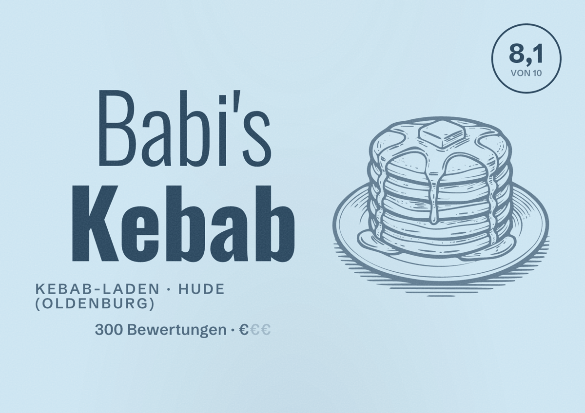 Illustriertes Poster von Babi's Kebab, Kebab-Laden in Hude (Oldenburg): Bewertung 8,1 von 10 aus 300 Bewertungen, Preisniveau €