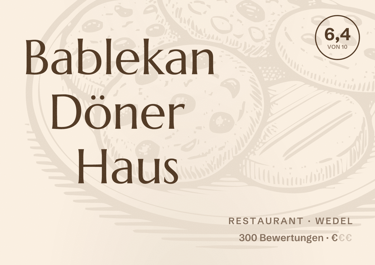 Illustriertes Poster von Bablekan Döner Haus, Restaurant in Wedel: Bewertung 6,4 von 10 aus 300 Bewertungen, Preisniveau €