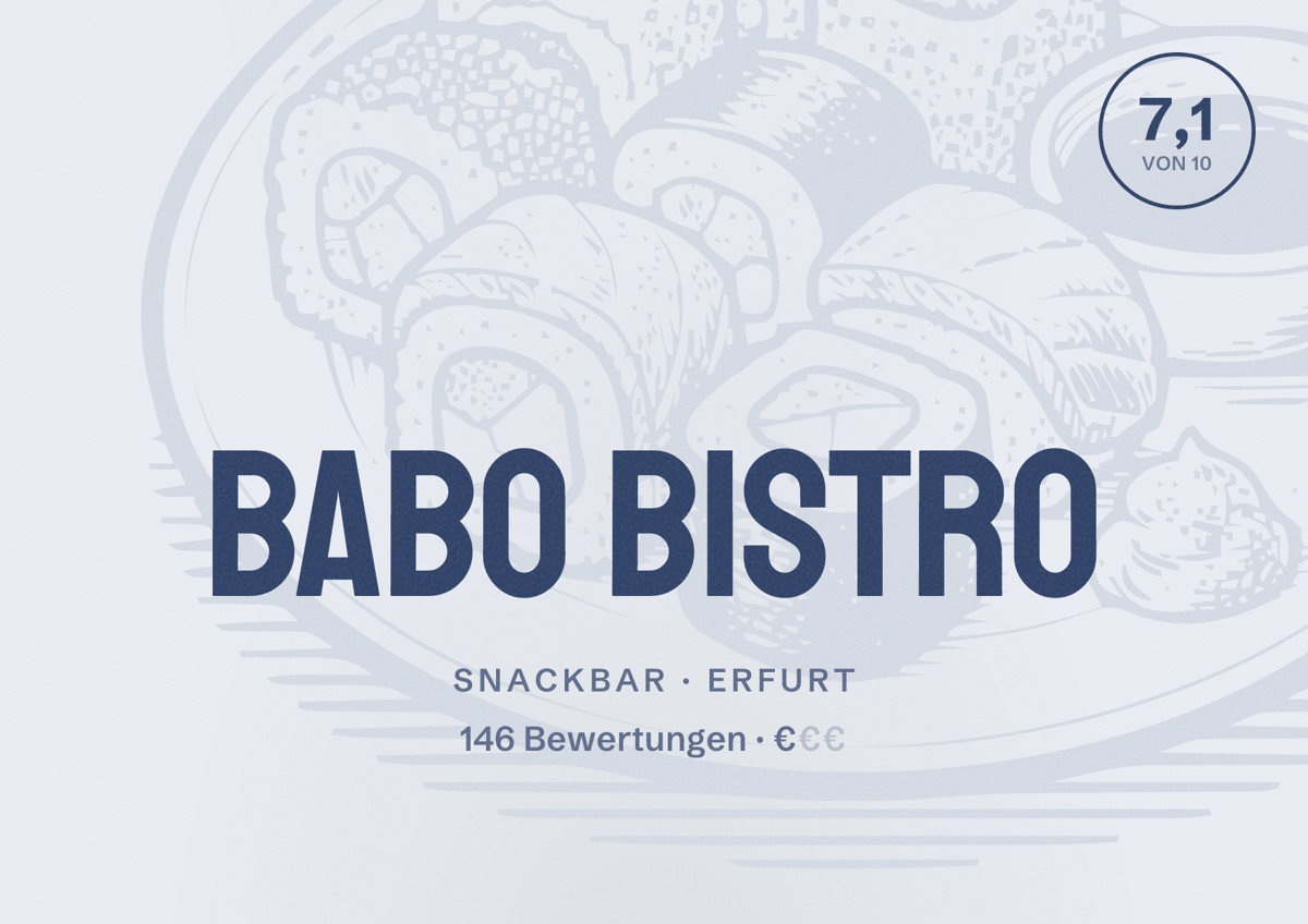 Illustriertes Poster von Babo Bistro, Snackbar in Erfurt: Bewertung 7,1 von 10 aus 146 Bewertungen, Preisniveau €