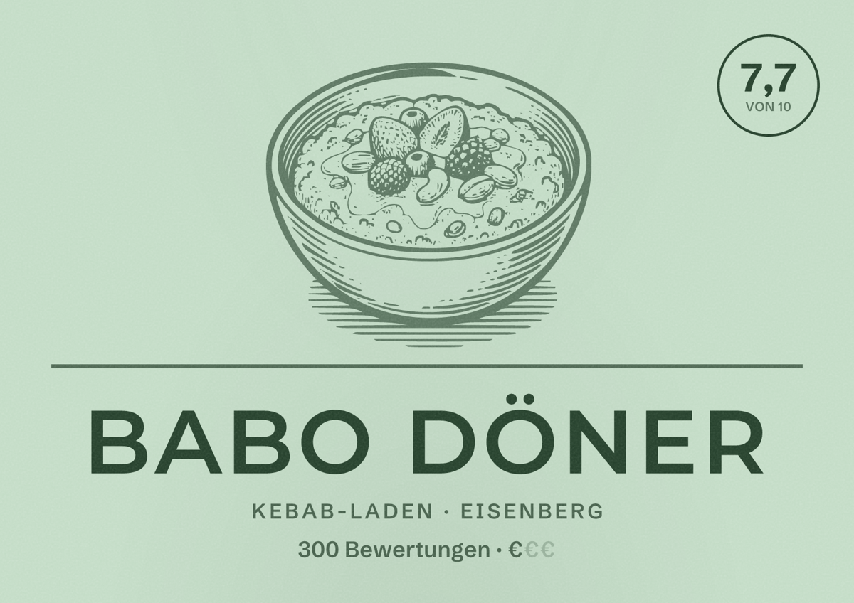 Illustriertes Poster von Babo Döner, Kebab-Laden in Eisenberg: Bewertung 7,7 von 10 aus 300 Bewertungen, Preisniveau €