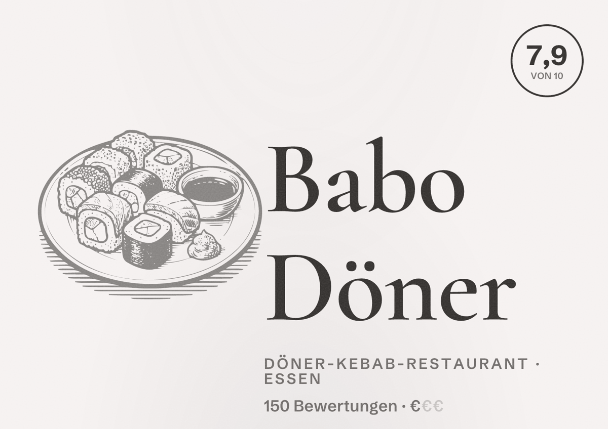 Illustriertes Poster von Babo Döner, Döner-Kebab-Restaurant in Essen: Bewertung 7,9 von 10 aus 150 Bewertungen, Preisniveau €