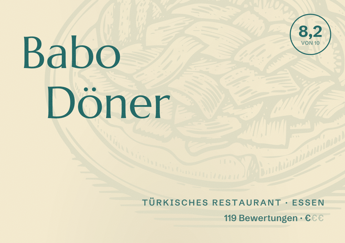 Illustriertes Poster von Babo Döner, Türkisches Restaurant in Essen: Bewertung 8,2 von 10 aus 119 Bewertungen, Preisniveau €
